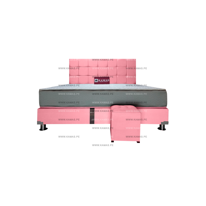 DORMITORIO AMERICANO KING + COLCHON KAMAS SARKI + CABECERA AEREA CUADROS 2 + 1 PUFF - ROSA