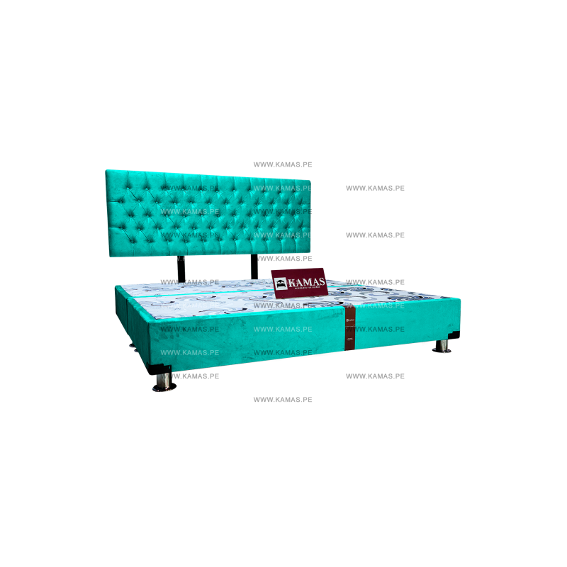 CAMA BOX TARIMA KING AMERICANO + CABECERA AEREA CAPITONEADO - TURQUESA