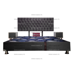 CAMA BOX TARIMA KING AMERICANO + CABECERA AEREA CAPITONEADO + 2 VELADORES VINTAGE - PLOMO OSCURO