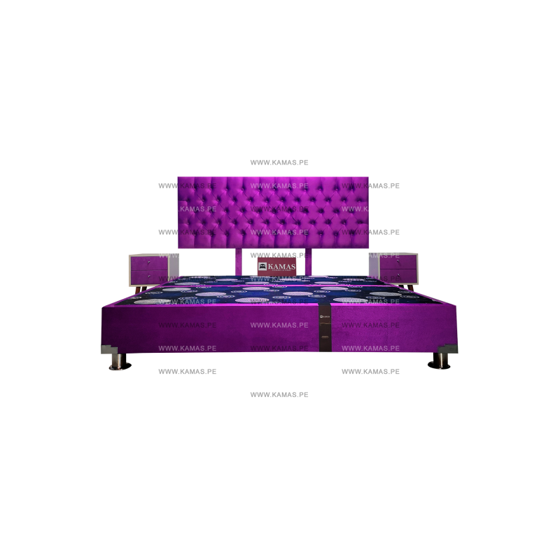 CAMA BOX TARIMA KING AMERICANO + CABECERA AEREA CAPITONEADO + 2 VELADORES VINTAGE - FUCSIA