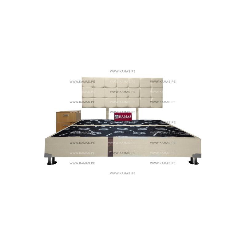 CAMA BOX TARIMA KING AMERICANO + CABECERA AEREA BLOQUES CUADROS 2 + VELADOR SHELTER - ARENA