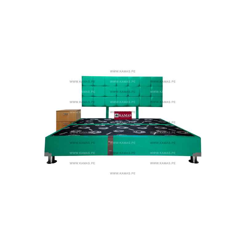 CAMA BOX TARIMA KING AMERICANO + CABECERA AEREA BLOQUES CUADROS 2 + VELADOR SHELTER - VERDE JADE