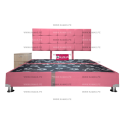 CAMA BOX TARIMA KING AMERICANO + CABECERA AEREA BLOQUES CUADROS 2 + VELADOR SHELTER - ROSA