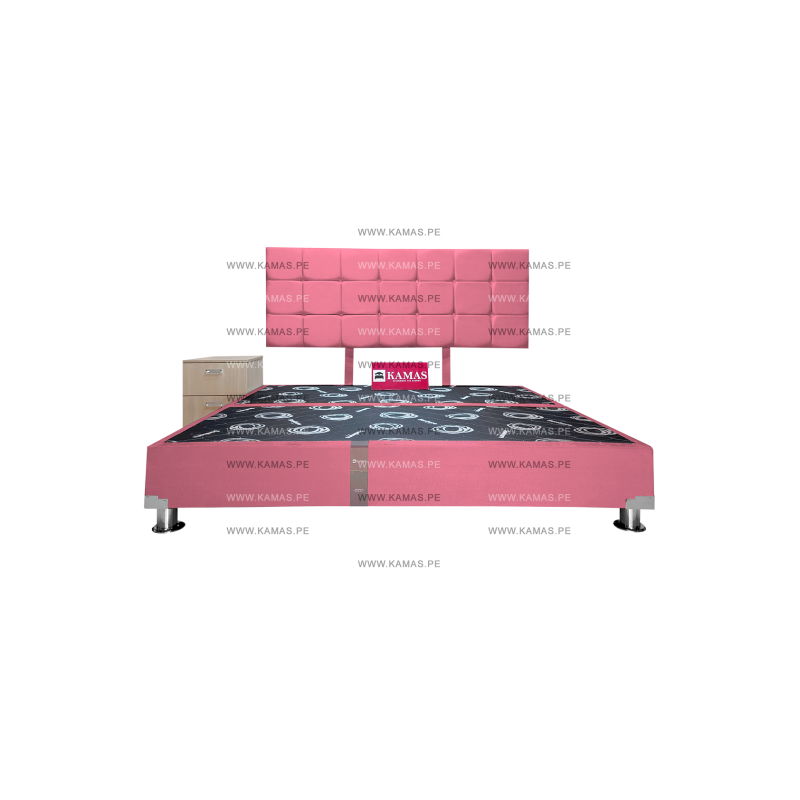 CAMA BOX TARIMA KING AMERICANO + CABECERA AEREA BLOQUES CUADROS 2 + VELADOR SHELTER - ROSA