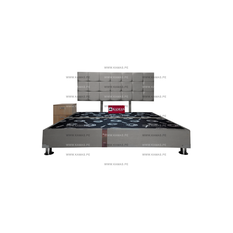 CAMA BOX TARIMA KING AMERICANO + CABECERA AEREA BLOQUES CUADROS 2 + VELADOR SHELTER - GRIS