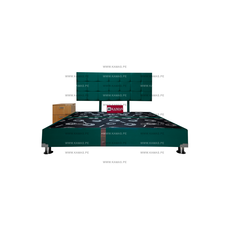 CAMA BOX TARIMA KING AMERICANO + CABECERA AEREA BLOQUES CUADROS 2 + VELADOR SHELTER - VERDE LORO