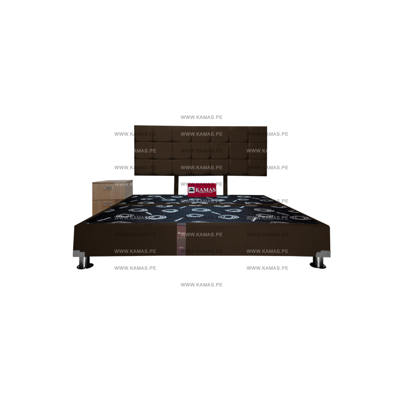 CAMA BOX TARIMA KING AMERICANO + CABECERA AEREA BLOQUES CUADROS 2 + VELADOR SHELTER - CHOCOLATE