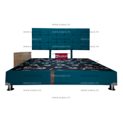 CAMA BOX TARIMA KING AMERICANO + CABECERA AEREA BLOQUES CUADROS 2 + VELADOR SHELTER - AZUL MARINO