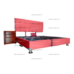 CAMA BOX TARIMA KING AMERICANO + CABECERA AEREA CUADROS 2 + VELADOR DE MADERA - ROSA