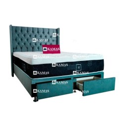 DORMITORIO AMERICANO 2 PLZ 2 CAJONES AL PIE + COLCHON KAMAS SAFFYNTE + CABECERA PEDESTAL EMPERATRIZ - VERDE JADE